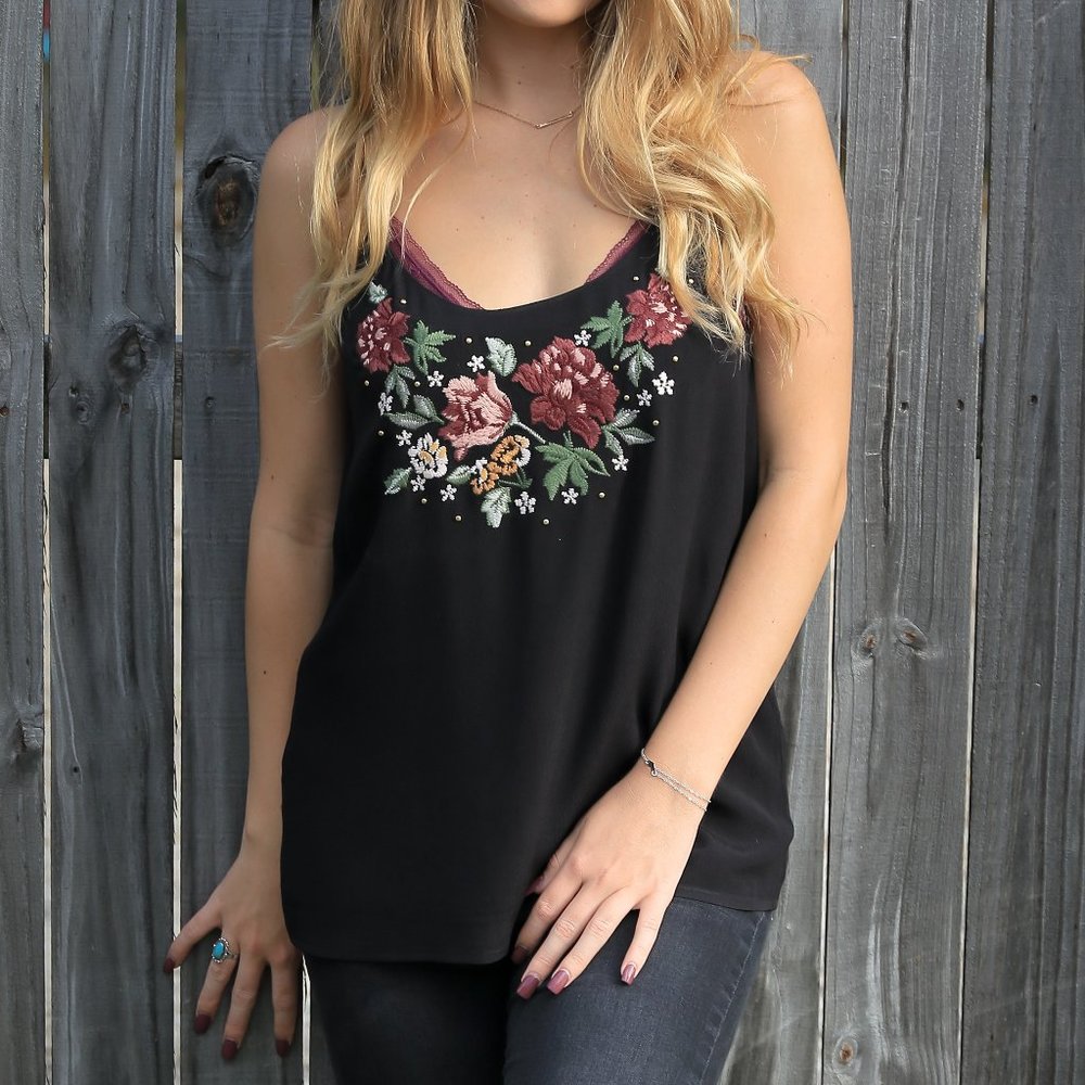 Black, Spaghetti-Strap, Embroidered Cami